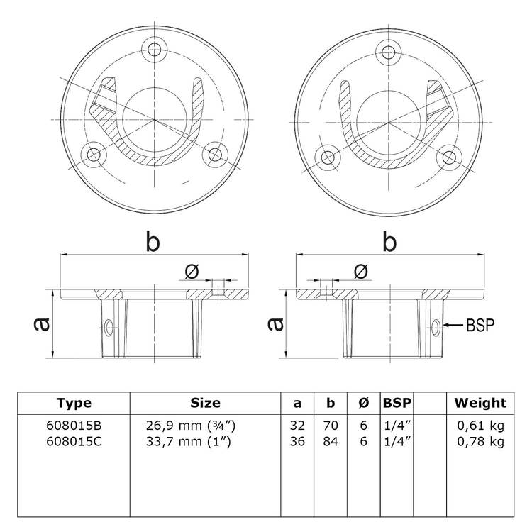 Karton Rohrverbinder Fußplatte rund mit Einlage (Set)-B / 26,9 mm (30 Stück)