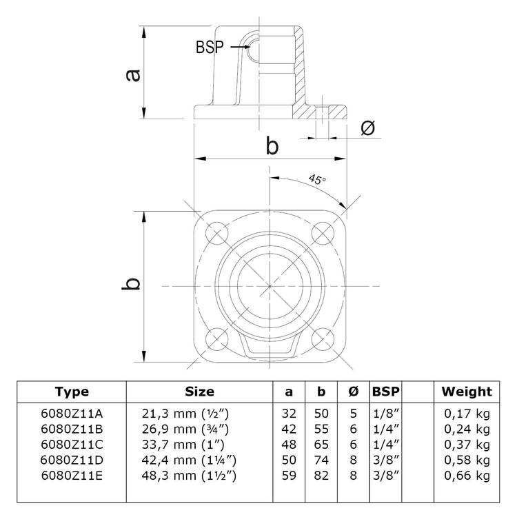 Karton Rohrverbinder Quadratische Fußplatte durchgehend - Schwarz-E / 48,3 mm (25 Stück)
