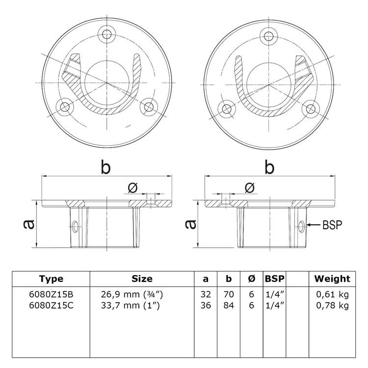 Buiskoppeling Ronde voetplaat met inleg (set) - zwart-C / 33,7 mm