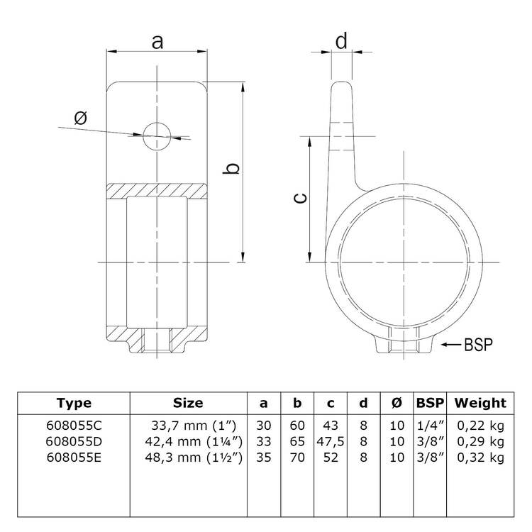 Buiskoppeling Oogdeel enkele lip-D / 42,4 mm