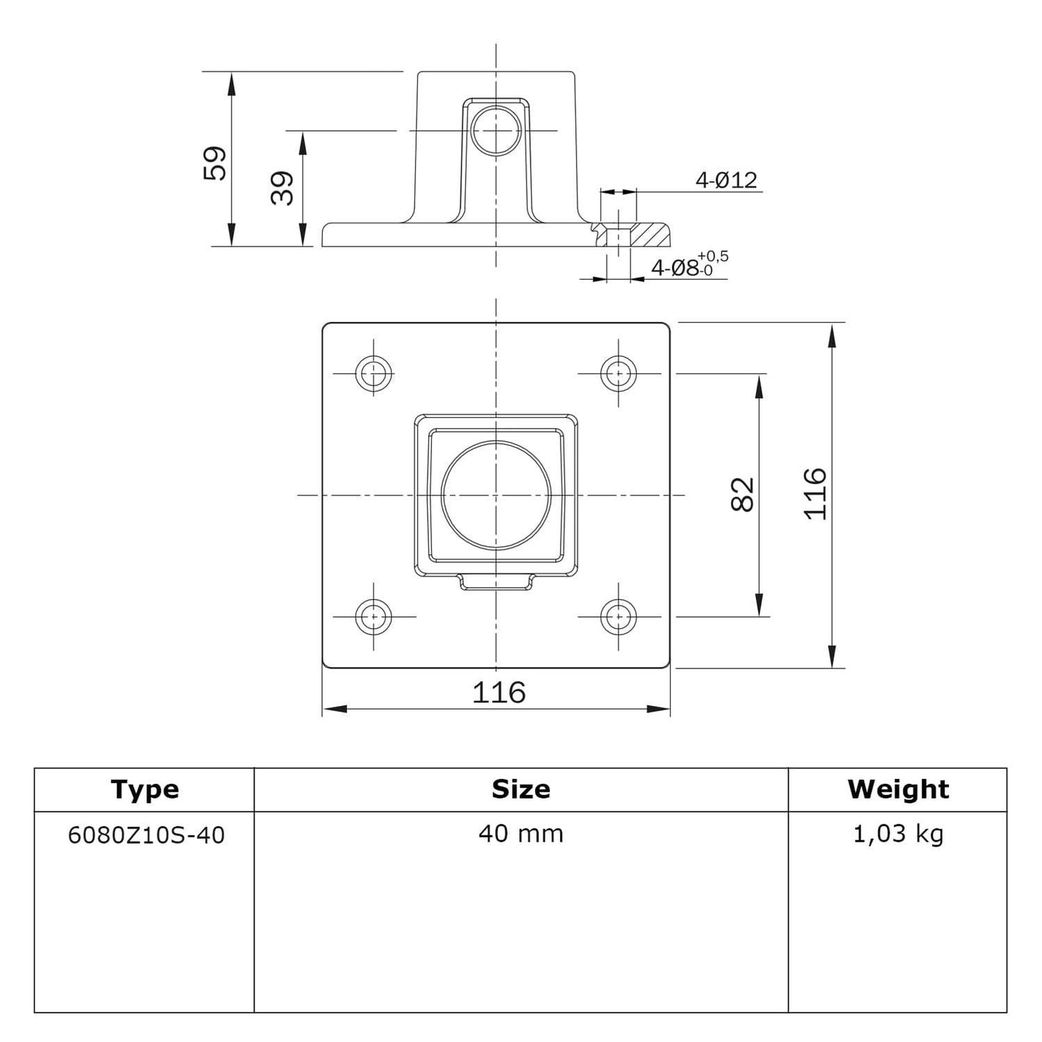 Buiskoppeling Vierkante voetplaat - zwart - vierkant - 40 mm