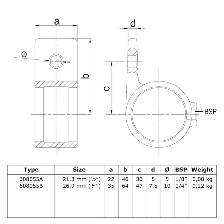 Buiskoppeling Oogdeel enkele lip-D / 42,4 mm