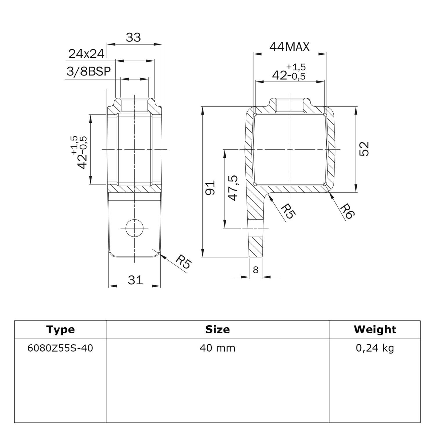 Buiskoppeling Oogdeel enkele lip - zwart - vierkant - 40 mm