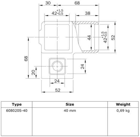 Rohrverbinder Eckstück durchgehend - quadratisch - 40 mm